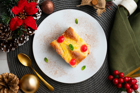 A traditional Catalan dessert similar to brioche with pastry cream and candied fruit. Top view table with christmas decorations.の写真素材