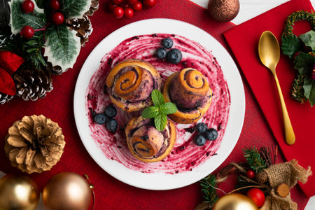 Blueberry and cinnamon rolls with a Swedish recipe. Top view table with christmas decorations.の写真素材