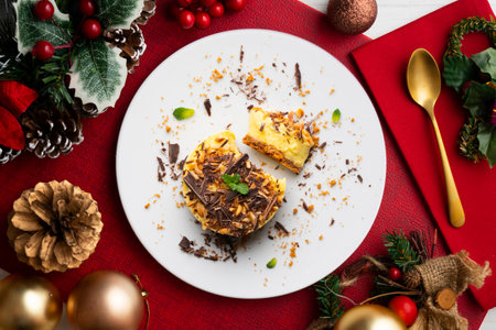 Mango almond and chocolate tartlet. Top view table with christmas decoration.の写真素材