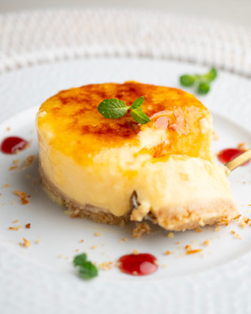 Catalan Cream Cake. Burnt Catalan custard tart with a biscuit base. Top view of a table.