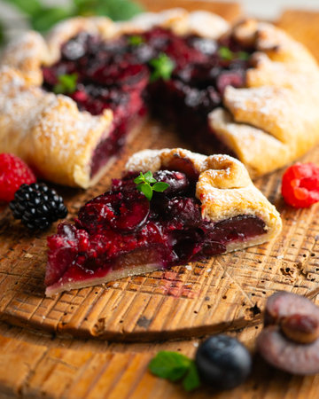 Galette tart with red berries, cherries, raspberries and blackberries. Top view table.の写真素材