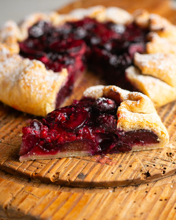 Galette tart with red berries, cherries, raspberries and blackberries. Top view table.の写真素材