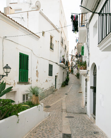 Streets and views of the ancient walled citadel of Dalt Vila, a UNESCO World Heritage Site, on the island of Ibiza in Spain.の写真素材
