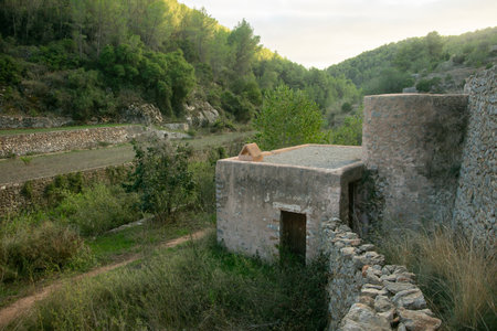 Es Broll in Ibiza Spain an artesian well that uses the water that emerges from the spring to distribute it throughout the valley through a complex system of irrigation ditches.の写真素材
