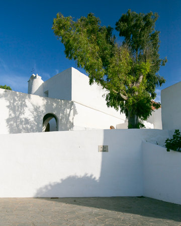 Beautiful white church of Puig de Misa in Santa Eulalia des Riu on the island of Ibiza.の写真素材