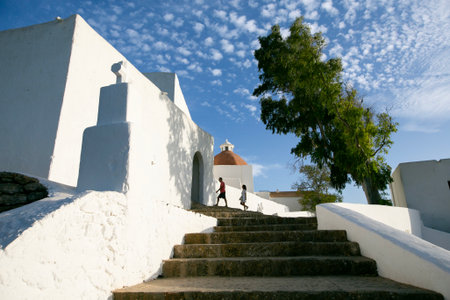 Beautiful white church of Puig de Misa in Santa Eulalia des Riu on the island of Ibiza.の写真素材