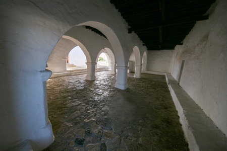 Beautiful white church of Puig de Misa in Santa Eulalia des Riu on the island of Ibiza.の写真素材