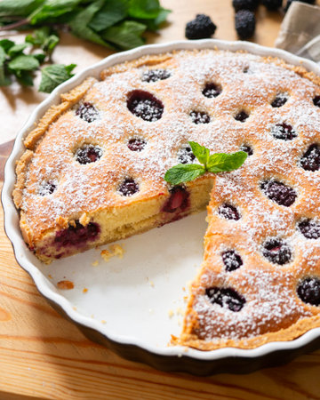 Frangipane tart with red berries.