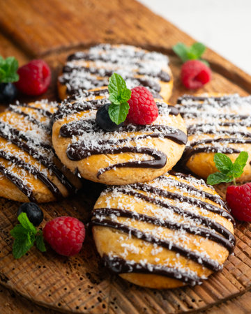 Butter and coconut cookies decorated with chocolate and grated coconut.の写真素材