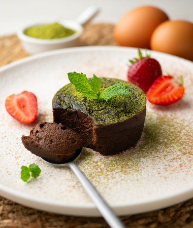Brownie dark chocolate and matcha tea cake.の写真素材