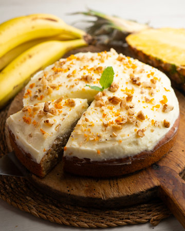 Hummingbird cake is a banana and pineapple-based cake typical of the cuisine of the southern United States.の写真素材