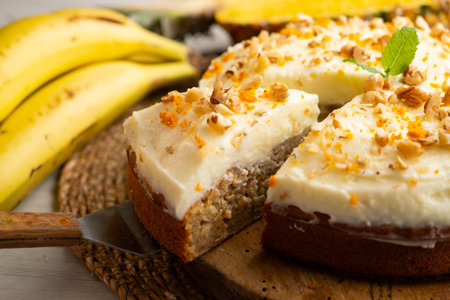 Hummingbird cake is a banana and pineapple-based cake typical of the cuisine of the southern United States.の写真素材