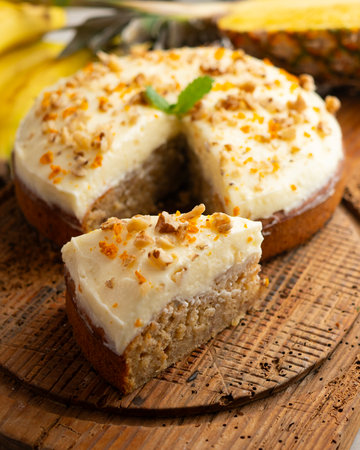 Hummingbird cake is a banana and pineapple-based cake typical of the cuisine of the southern United States.の写真素材