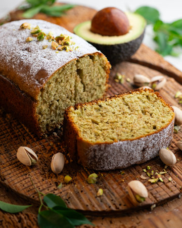 Homemade pistachio and avocado cake on a wooden surface.の写真素材