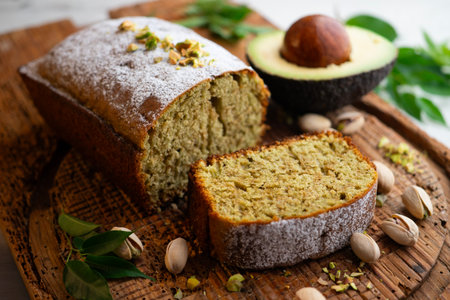 Homemade pistachio and avocado cake on a wooden surface.の写真素材