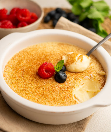 Egg custard decorated with ground cinnamon and red berries.の写真素材