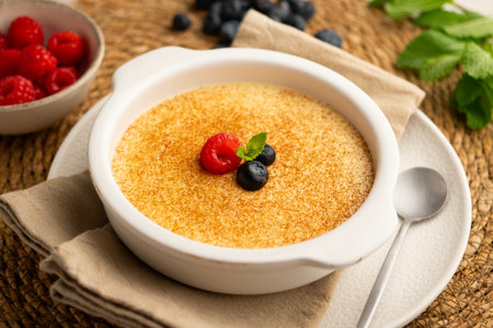 Egg custard with ginger aroma and decorated with ground cinnamon and red berries.の写真素材