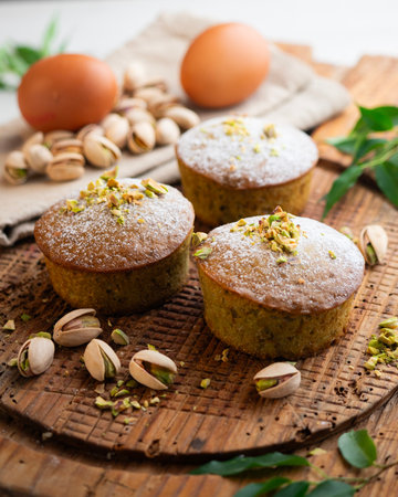 Pistachio muffins on a wooden surface.の写真素材