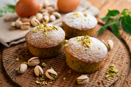 Pistachio muffins on a wooden surface.の写真素材
