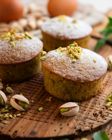 Pistachio muffins on a wooden surface.の写真素材