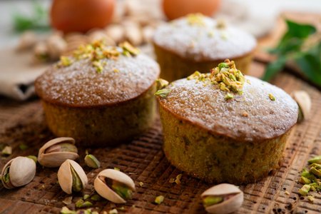 Pistachio muffins on a wooden surface.の写真素材