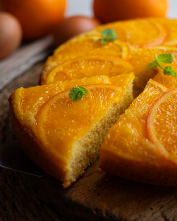 Orange upside down cake. Delicious homemade cake with organic orange slices.の写真素材