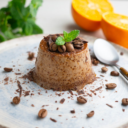 Homemade chocolate and coffee flan decorated with fresh mint. Traditional egg recipe.の写真素材