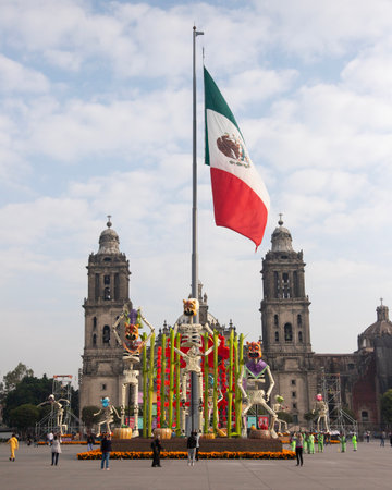 Catrinas and statues to celebrate the Day of the Dead in the ZÃ³calo in front of the cathedral.の写真素材