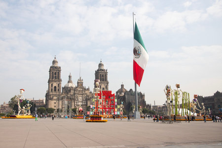 Catrinas and statues to celebrate the Day of the Dead in the ZÃ³calo in front of the cathedral.の写真素材