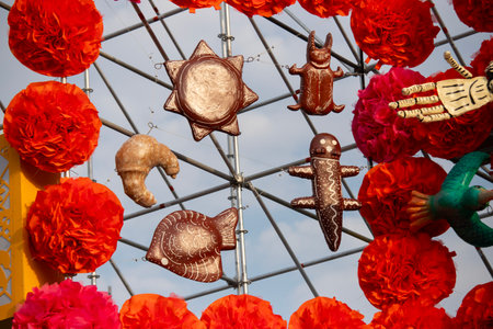 Catrinas and statues to celebrate the Day of the Dead in the ZÃ³calo in front of the cathedral.の写真素材