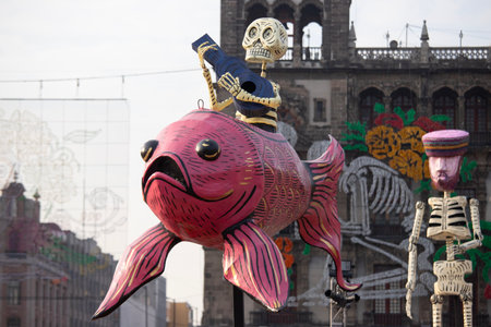Catrinas and statues to celebrate the Day of the Dead in the ZÃ³calo in front of the cathedral.