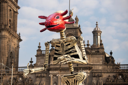 Catrinas and statues to celebrate the Day of the Dead in the ZÃ³calo in front of the cathedral.
