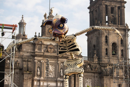 Catrinas and statues to celebrate the Day of the Dead in the ZÃ³calo in front of the cathedral.の写真素材
