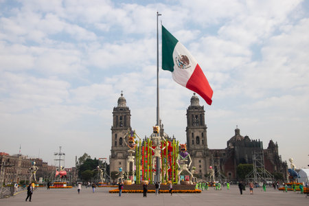 Catrinas and statues to celebrate the Day of the Dead in the ZÃ³calo in front of the cathedral.の写真素材