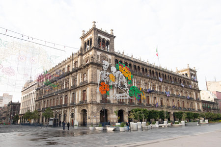 Catrinas and statues to celebrate the Day of the Dead in the ZÃ³calo in front of the cathedral.の写真素材