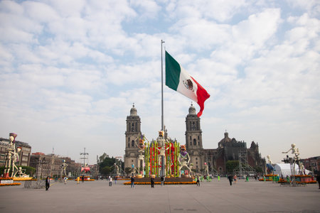 Catrinas and statues to celebrate the Day of the Dead in the ZÃ³calo in front of the cathedral.の写真素材