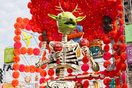 Catrinas and statues to celebrate the Day of the Dead in the ZÃ³calo in front of the cathedral.