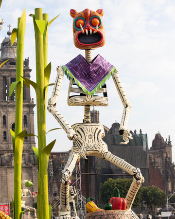 Catrinas and statues to celebrate the Day of the Dead in the ZÃ³calo in front of the cathedral.の写真素材