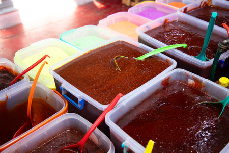 Chamoy, or a colorful michelada sauce, is sold at the San Juan Market in Mexico City.