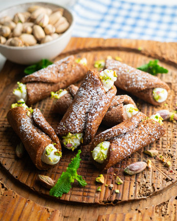 Sicilian cannoli filled with ricotta cheese cream and topped with chopped pistachios.