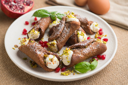 Sicilian cannoli filled with ricotta cheese cream and topped with chopped pistachios.