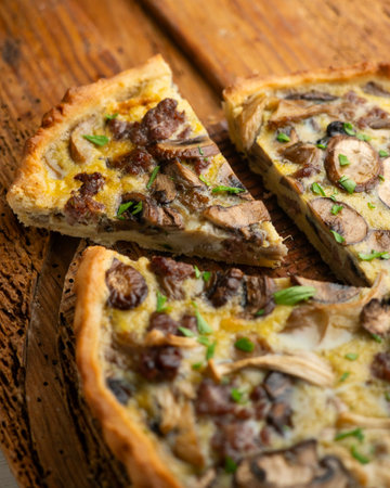 French quiche with wild mushrooms, egg, and beef on a wooden table.の写真素材