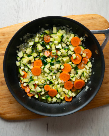 Rice paella with vegetables and salmon. Step-by-step recipe to learn how to cook.の写真素材