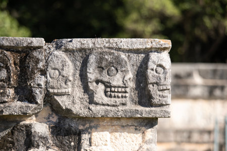 Detailed view of the historic tzompantli at Chichen Itza, Yukatan Mexico.