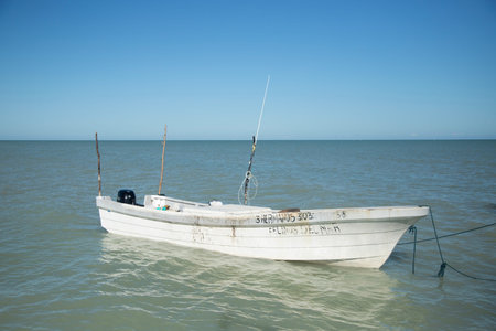 Several small fishing boats with outboard motors are moored along a concrete dock on a sunny day in...