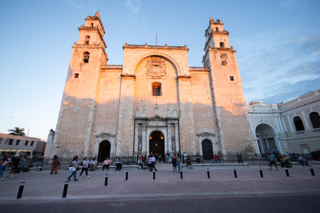Merida, Mexico; 1st January 2026: Cathedral of San Ildefonso bathed in golden hour light.