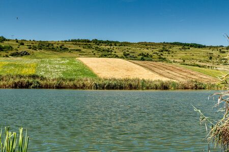 Beautifull summertime landscape near the lake, nature, grass, hillsの写真素材
