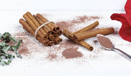 Cinamon sticks with cocoa powder, little spoon and herbs on white backgroundの写真素材