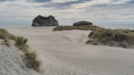 walking dune Wharariki beach Golden Bay, New Zealandの写真素材