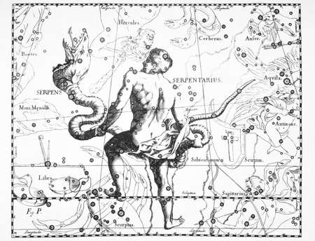 astronomical constellation of the Ophiuchus on a white backgroundの写真素材